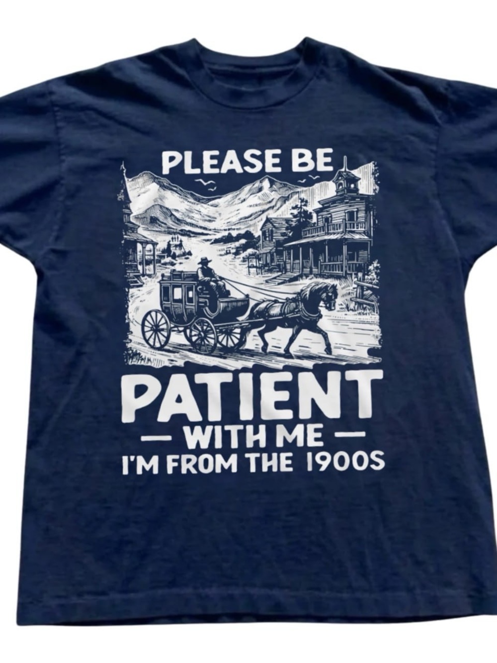Navy Graphic Tee - White Vintage Horse & Buggy Print